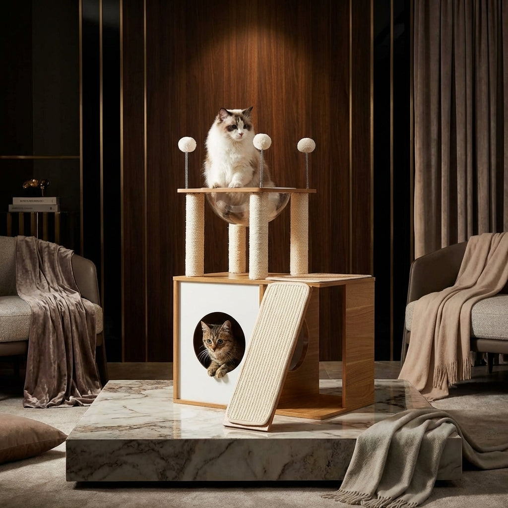Indoor Wooden Cat Climbing Frame Cat Tower Cat House With Cat Scratching Board Ramp Suitable For Large Cats And Kittens