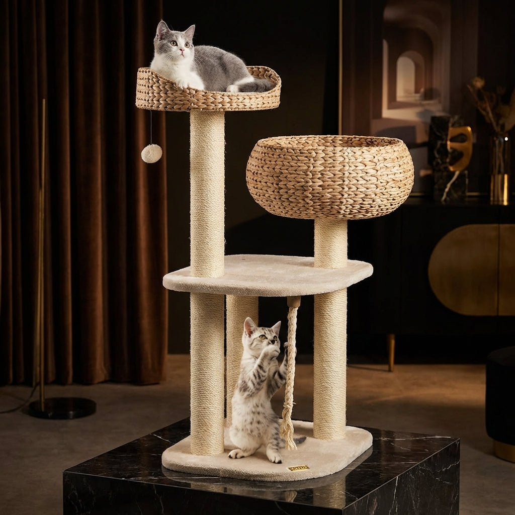41 Inch Hand-Woven Water Hyacinth Cat Tree, 3 Sisal Scratching Posts Multi-Level Activity Center For Cats-White