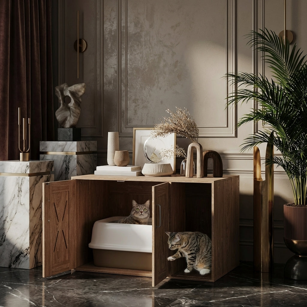 Cat Litter Box Enclosure with Scratching Board, Cat Washroom End Side Table, 31.5" x 19" x 20", Walnut Brown