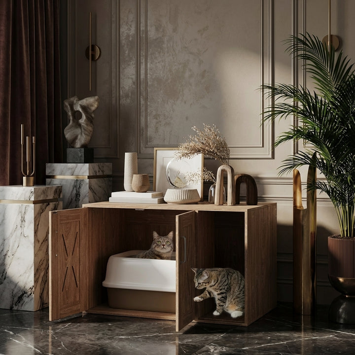 Cat Litter Box Enclosure with Scratching Board, Cat Washroom End Side Table, 31.5" x 19" x 20", Walnut Brown