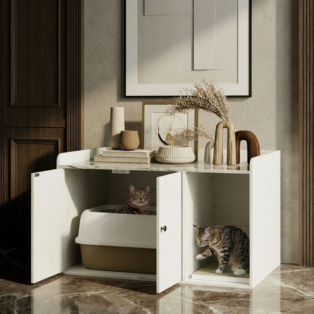 32" Cat Litter Box Enclosure with Scratching Mat, Cat Entrance, Fit Most of Cat and Litter Box, Distressed White