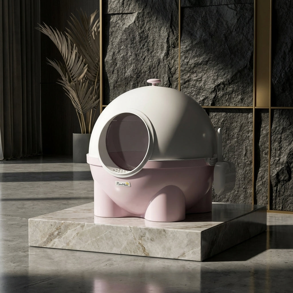Hooded Cat Litter Box, Large Kitty Litter Pan with Lid, Scoop, Leaking Sand Pedal, Top Handle, Light Pink