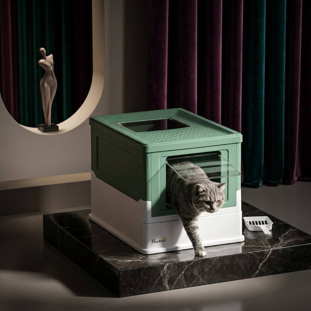 Fully Enclosed Cat Litter Box with Front Entry and Top Exit, Plastic, Green & White