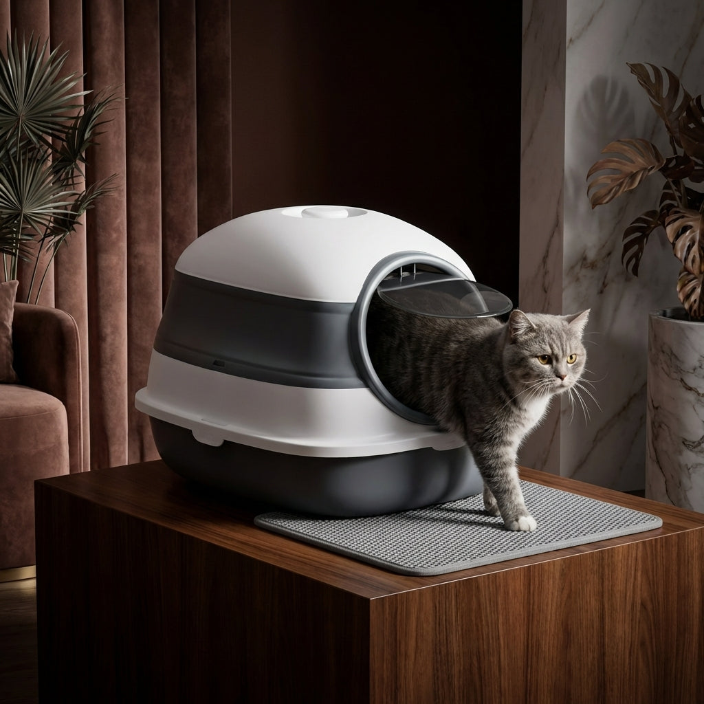 Dome Covered Cat Litter Box with Lid, White and Gray
