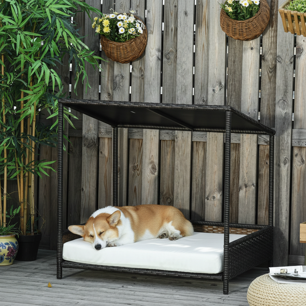 Wicker Dog House Raised Rattan Puppy Bed Cat Shelter for Indoor Outdoor Garden Patio Pet Sofa with Removable Cushion for Medium Sized Pet Brown
