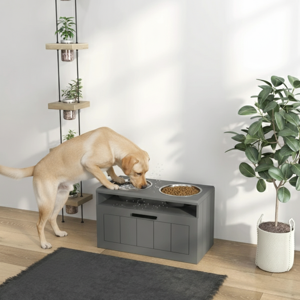Elevated Dog Bowl Station with Storage – Dual Stainless Steel Dog Feeding Stand