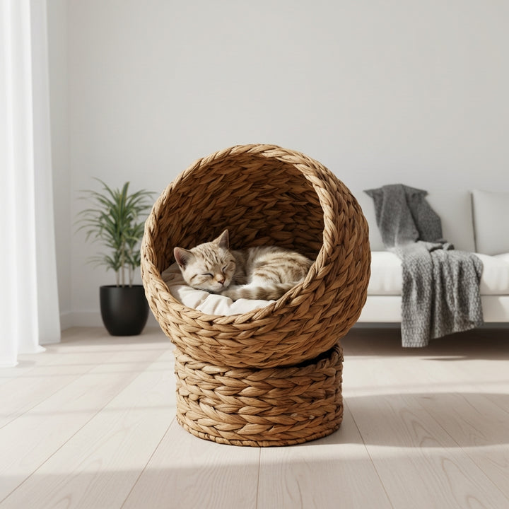 20" Natural Braided Banana Leaf Elevated Cat Bed Basket with Cushion - Brown