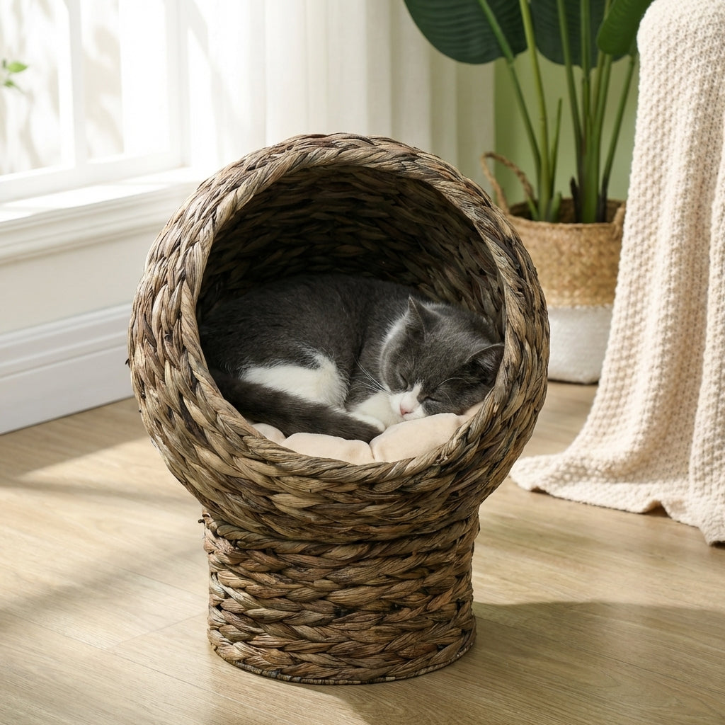 Handwoven Elevated Cat Bed with Soft Cushion & Egg Chair Shape, Basket Bed Kitty House with Stand, Raised Wicker House for Indoor Cats, 20" H, Gray