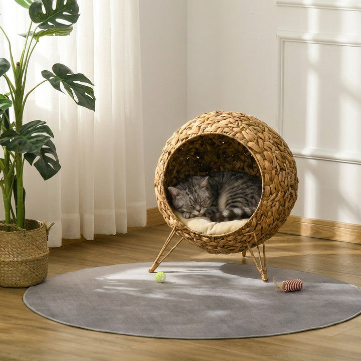 20.5" Weaved Cat Bed, Elevated Hand-woven Braided Banana Leaf Kitten House Condo with Cushion, Natural
