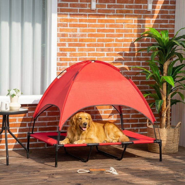 48" x 36" Elevated Portable Dog Cot Cooling Pet Bed with UV Protection Canopy Shade, Red