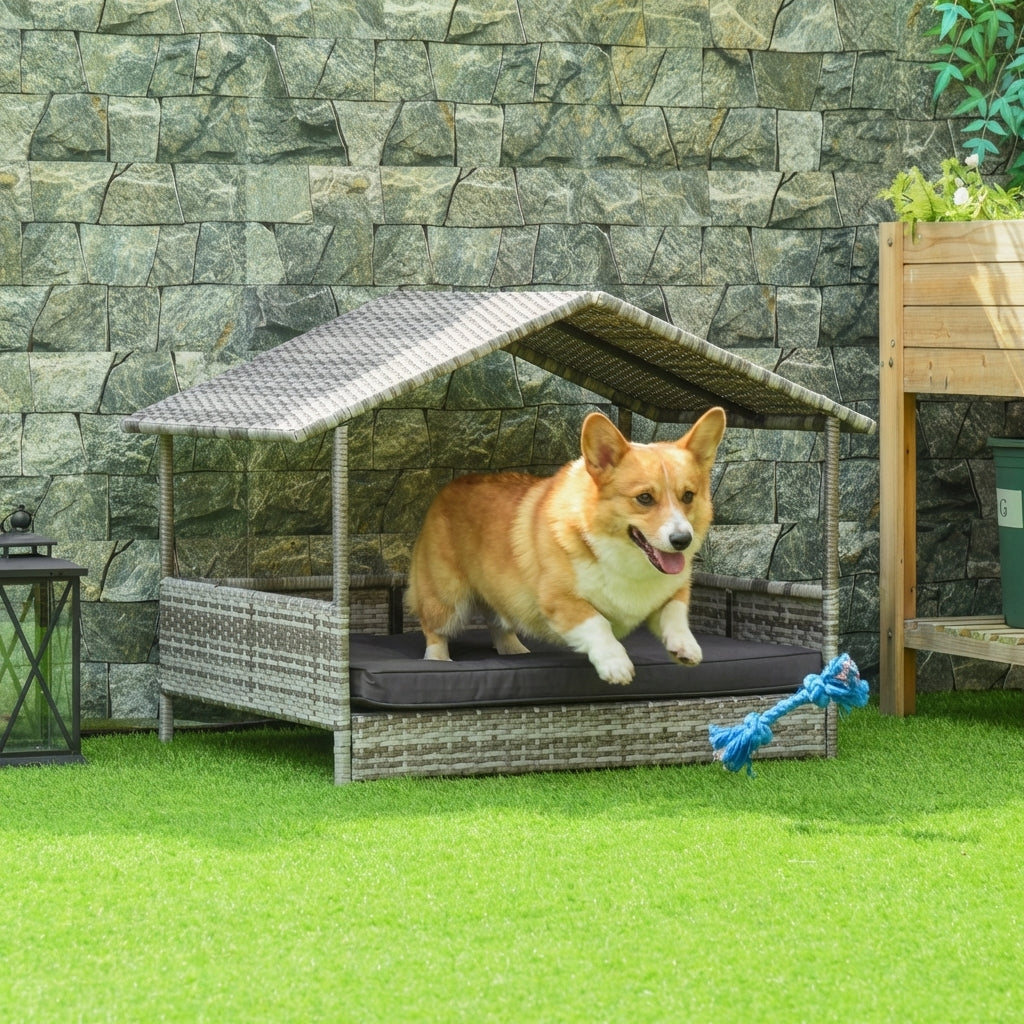 Wicker Dog House Elevated Raised Rattan Bed with Removable Cushion Lounge, Charcoal Gray
