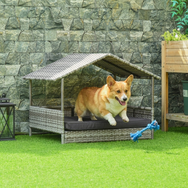 Wicker Dog House Elevated Raised Rattan Bed with Removable Cushion Lounge, Charcoal Gray