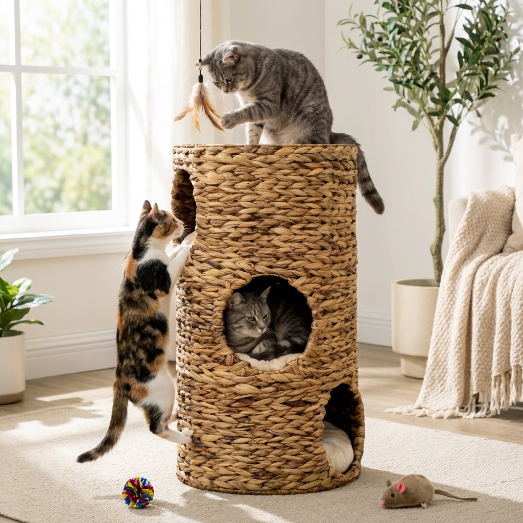 Elevated Cat Bed with Three Hideaways & Four Soft Plush Cushions, Cat Tower with Hand-Woven Materials, Multi-Layer Raised Kitten Bed Caves