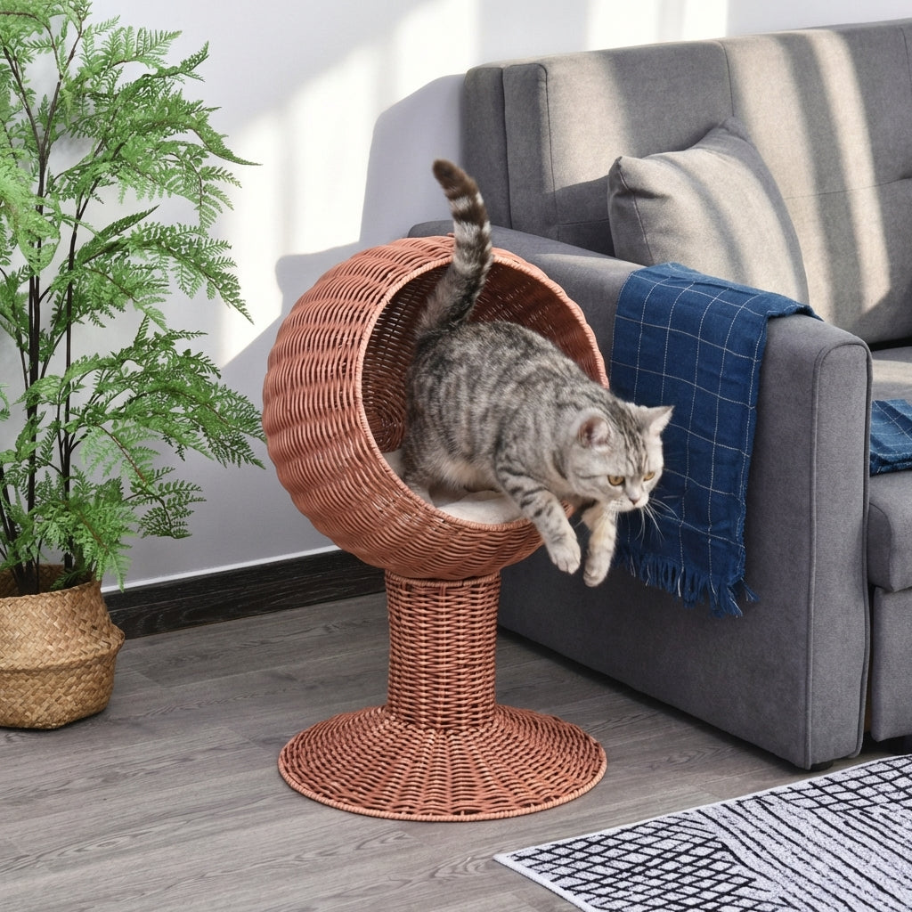 Elevated Cat Bed with Rotatable Egg Chair Pod, Cat Basket Bed with Thick Cushion, Natural Mat Grass Woven Kitty House, Brown