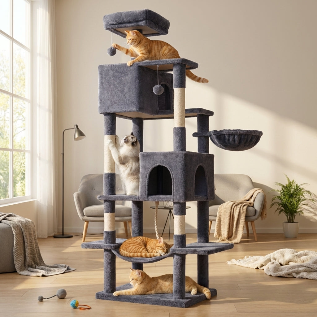 66 Inch Cat Tree Tower, Large Multi-Cat Climbing Extended Platform, Hammock, Pet House For Indoor Cats And Kittens Play