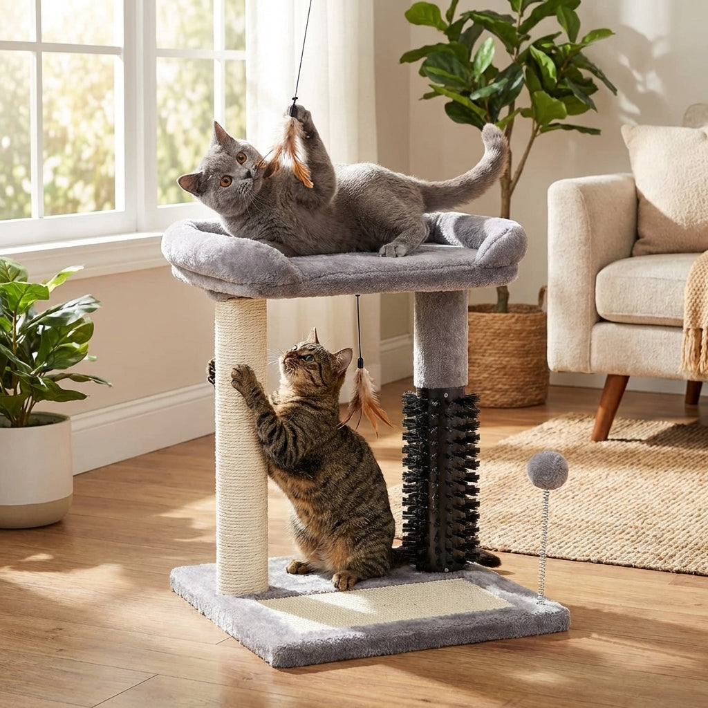 Small 4-in-1 Cat Tree Tower With Self-grooming Brush And Natural Sisal Scratching Post, Soft Plush Cat Bed And Hanging Ball, Suitable For Indoor Kittens