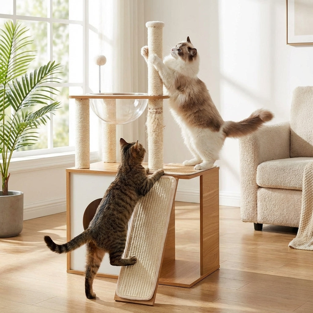 Indoor Wooden Cat Climbing Frame Cat Tower Cat House With Cat Scratching Board Ramp Suitable For Large Cats And Kittens