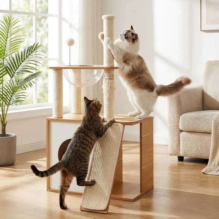 Indoor Wooden Cat Climbing Frame Cat Tower Cat House With Cat Scratching Board Ramp Suitable For Large Cats And Kittens