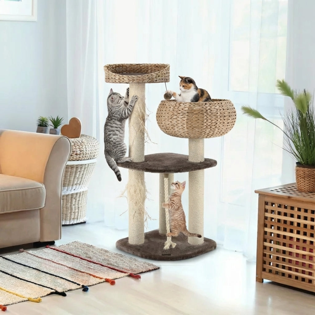 41 Inch Hand-Woven Water Hyacinth Cat Tree, 3 Sisal Scratching Posts Multi-Level Activity Center For Cats-Brown