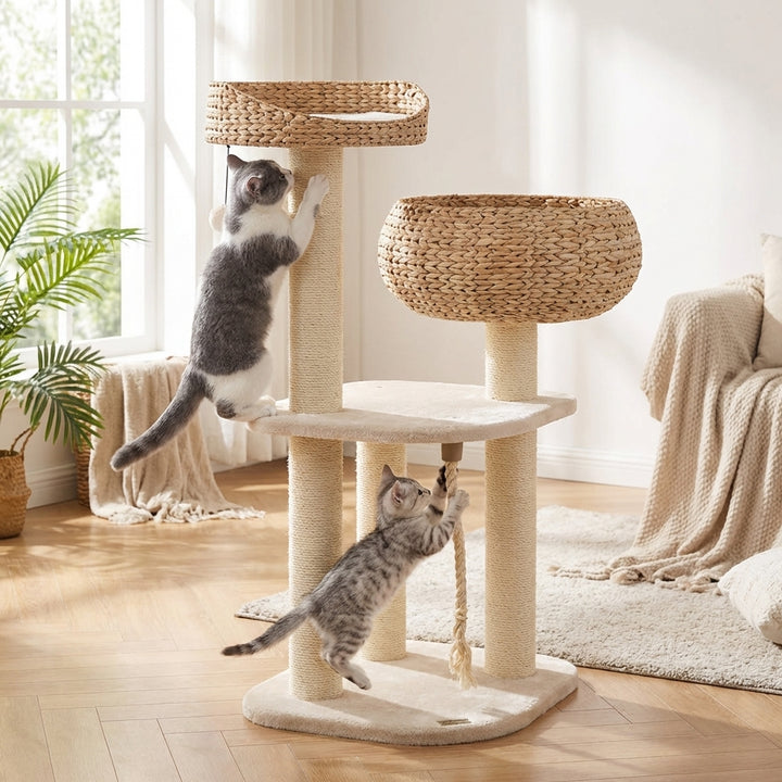 41 Inch Hand-Woven Water Hyacinth Cat Tree, 3 Sisal Scratching Posts Multi-Level Activity Center For Cats-White