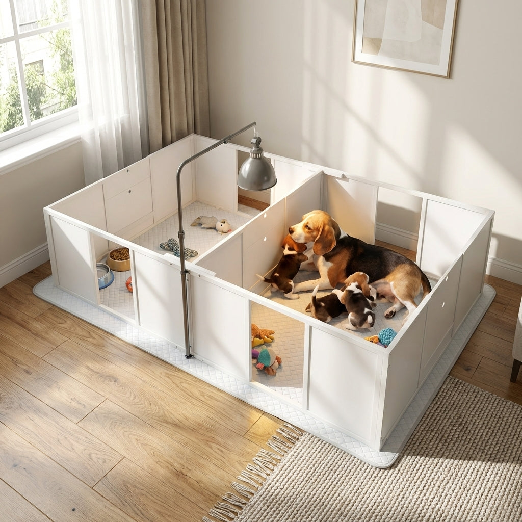 Whelping Box for Dogs w/ Retractable Light Stand, Waterproof Pee Pad & Adjustable Height Door for Medium Breed Dogs