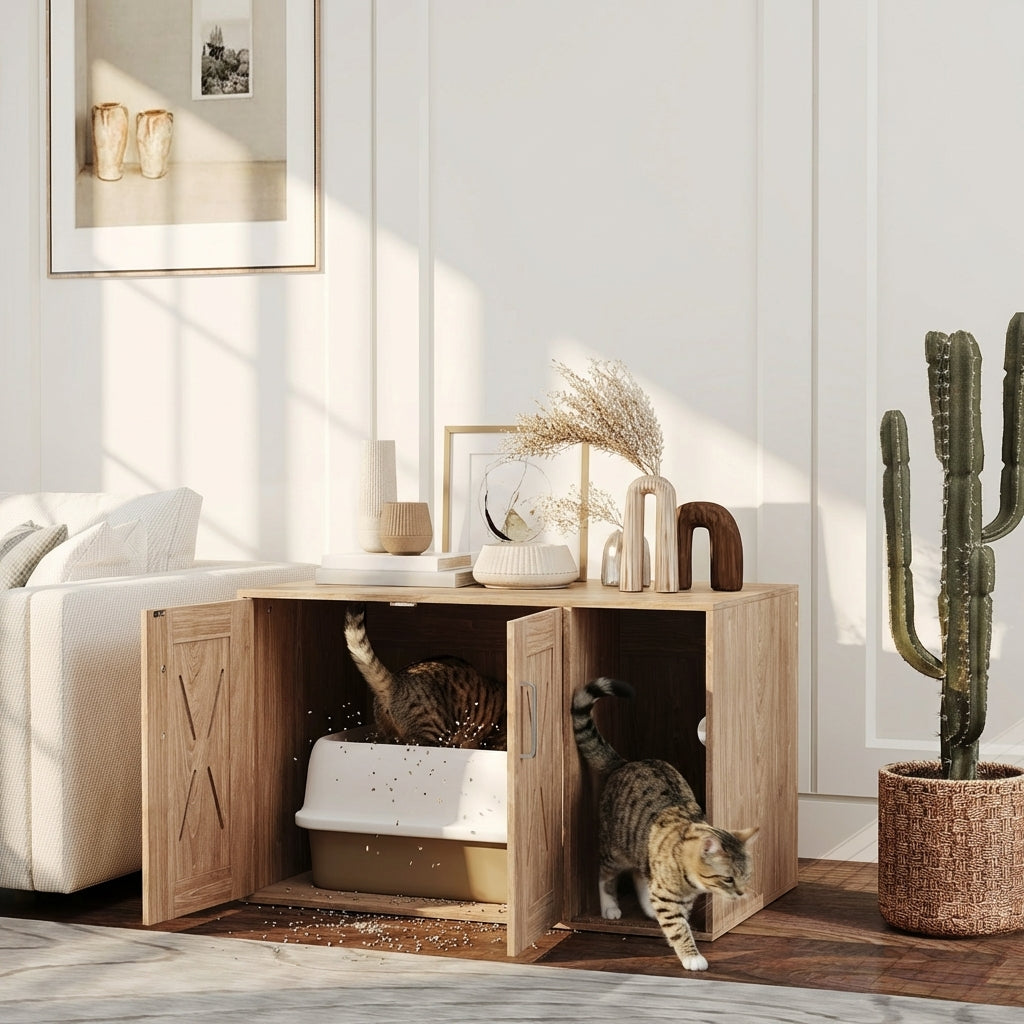 Cat Litter Box Enclosure with Scratching Board, Cat Washroom End Side Table, 31.5" x 19" x 20", Walnut Brown