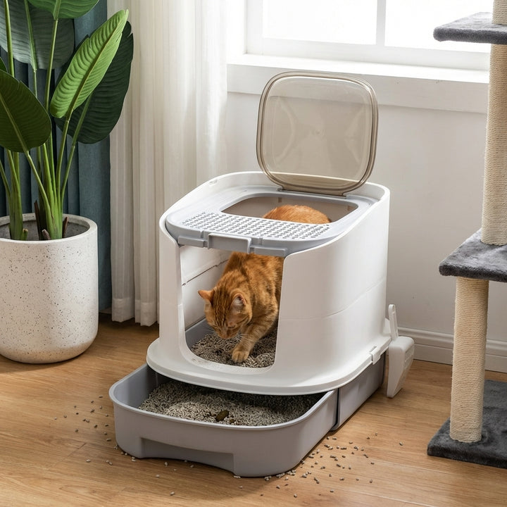 Covered Cat Litter Box with Lid, Drawer, Scoop, Top Entry, Deodorizing Bags, Odor Control, Easy to Clean, Gray