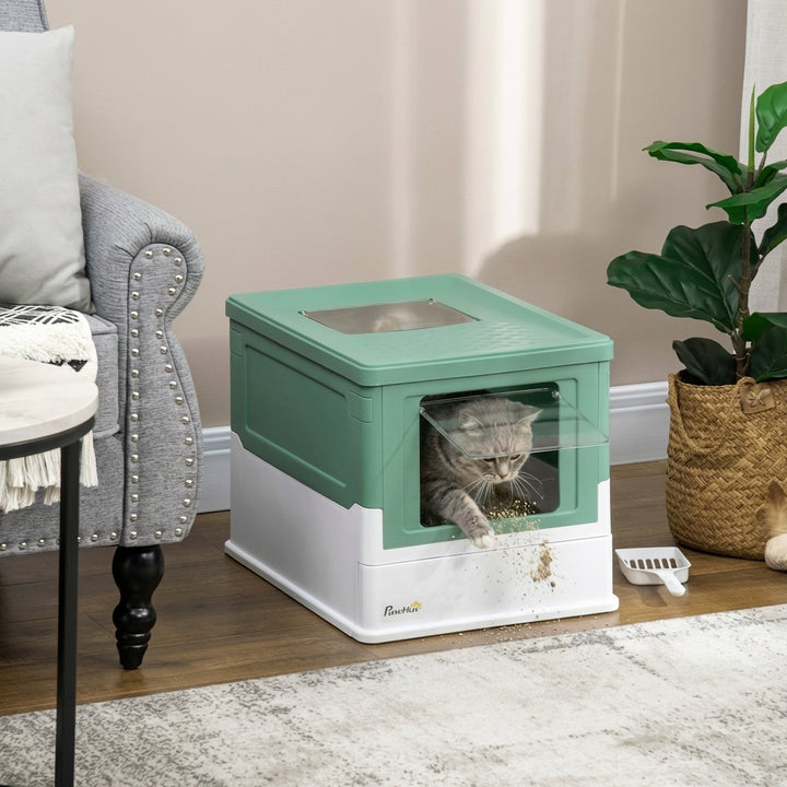 Fully Enclosed Cat Litter Box with Front Entry and Top Exit, Plastic, Green & White